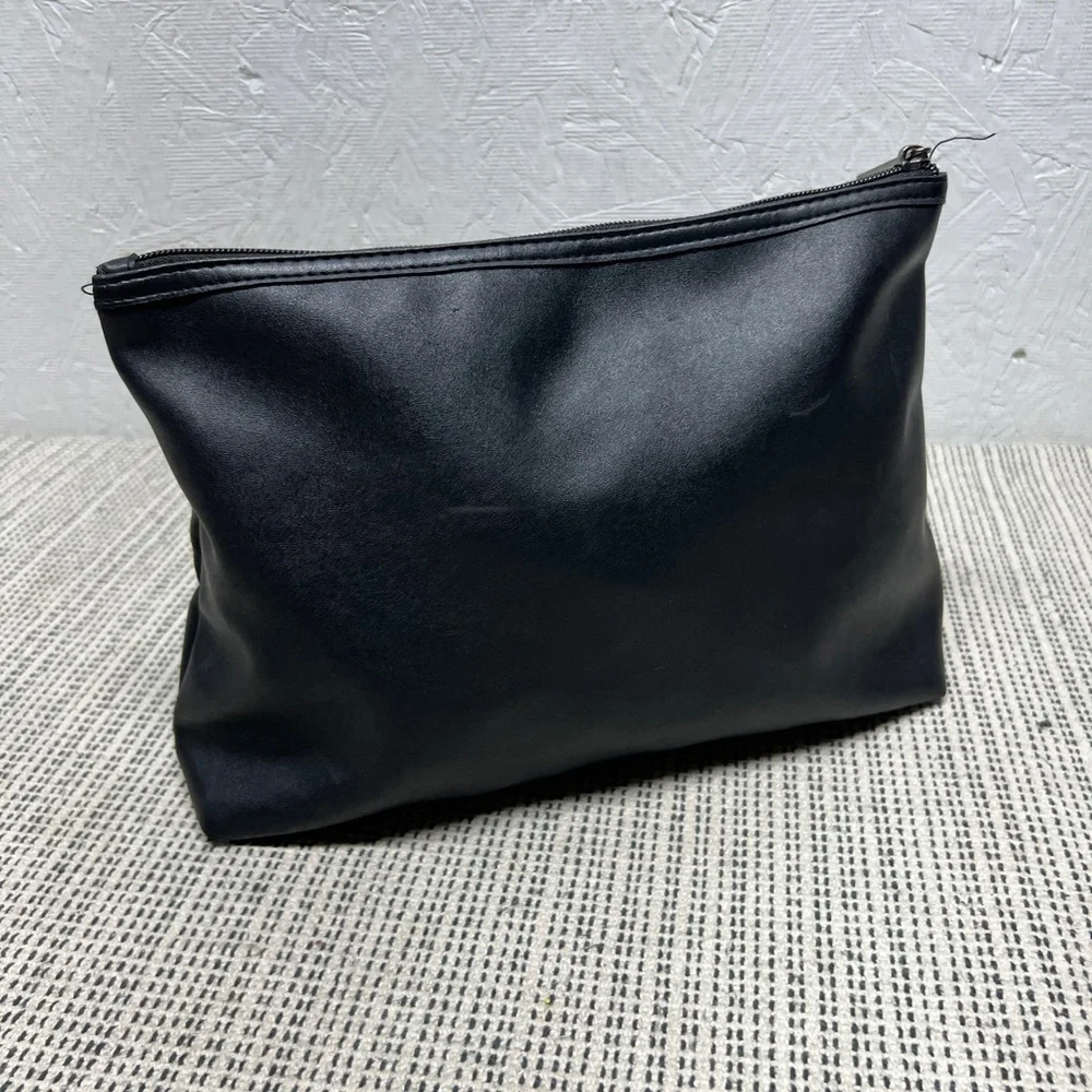 Space NK Apothecary Black Faux Leather with boho Fringe Zipper Bag pouch